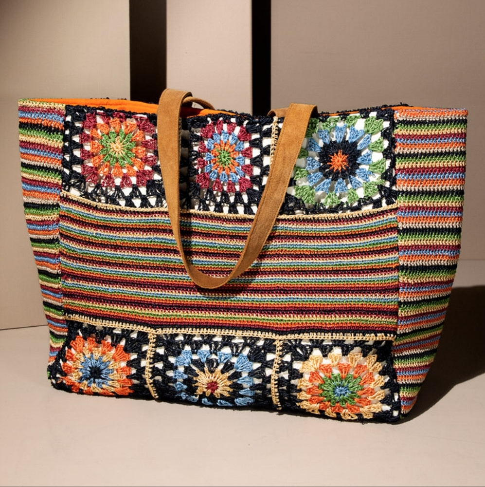 Vibrant Floral & Striped Hand Crocheted Shoulder Bag w/ Colorful Tassel Accents - Picture 5 of 11